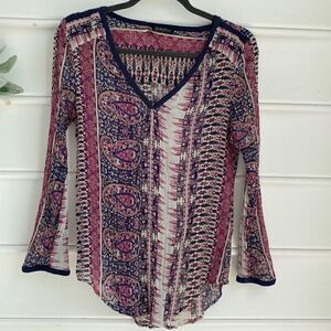 Lucky Brand Long Sleeve V-Neck Crinkle Chiffon‎ Boho Top XS